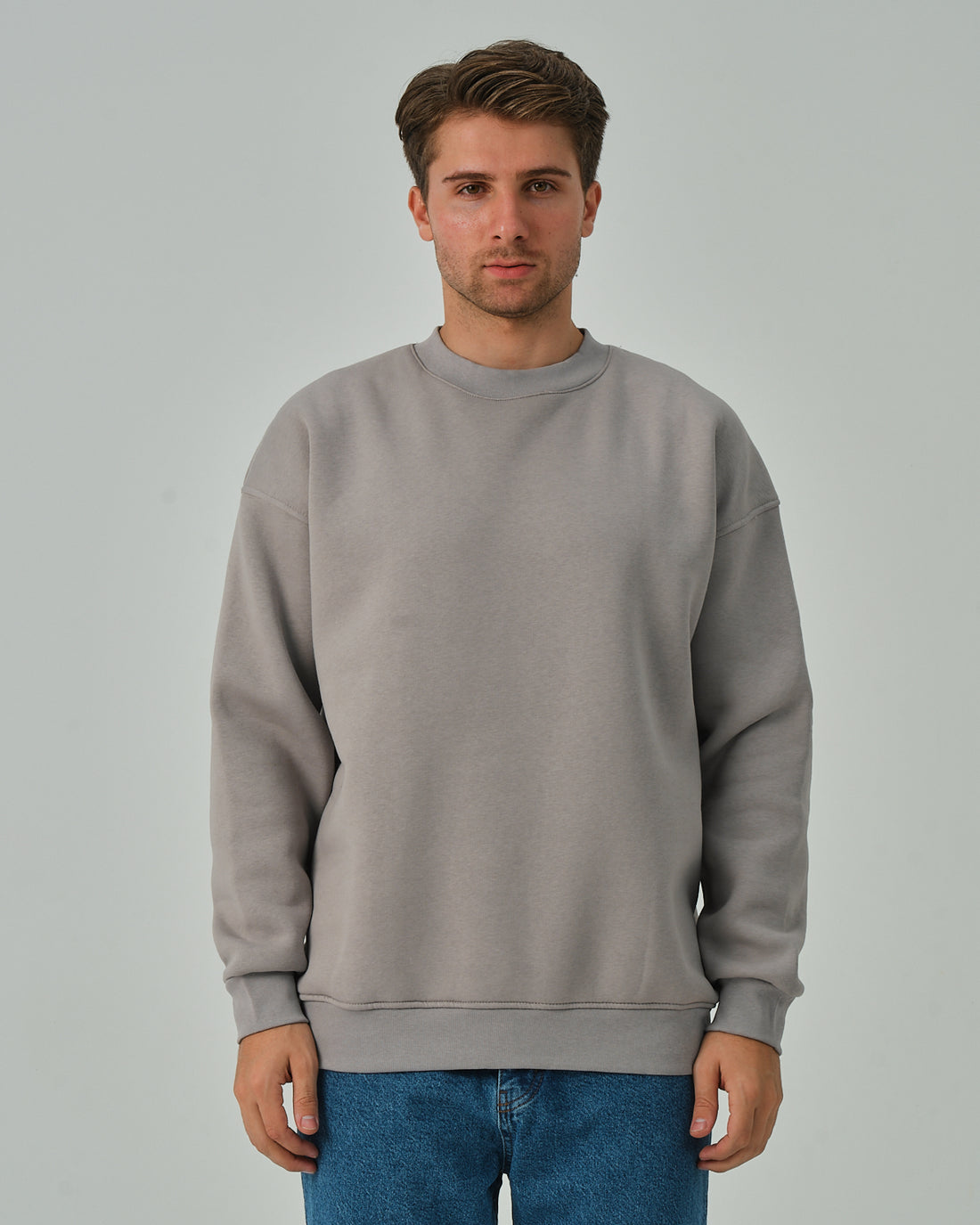 Basic Sıfır Yaka Sweatshirt - Gri