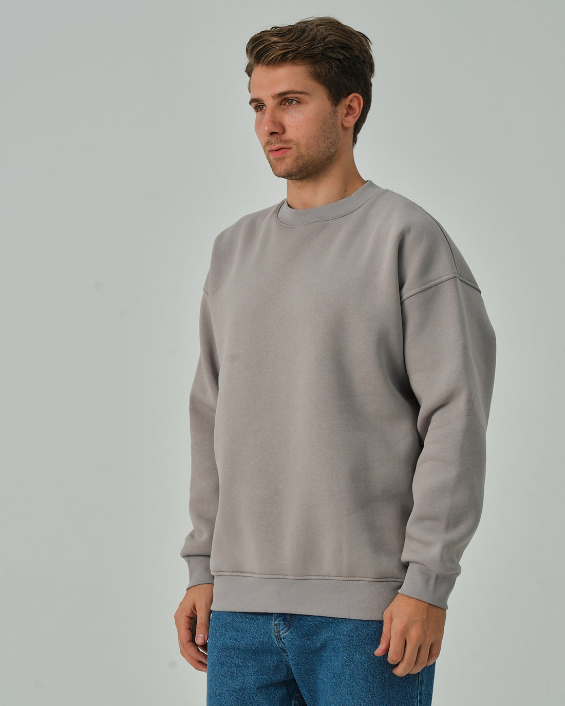 Basic Sıfır Yaka Sweatshirt - Gri