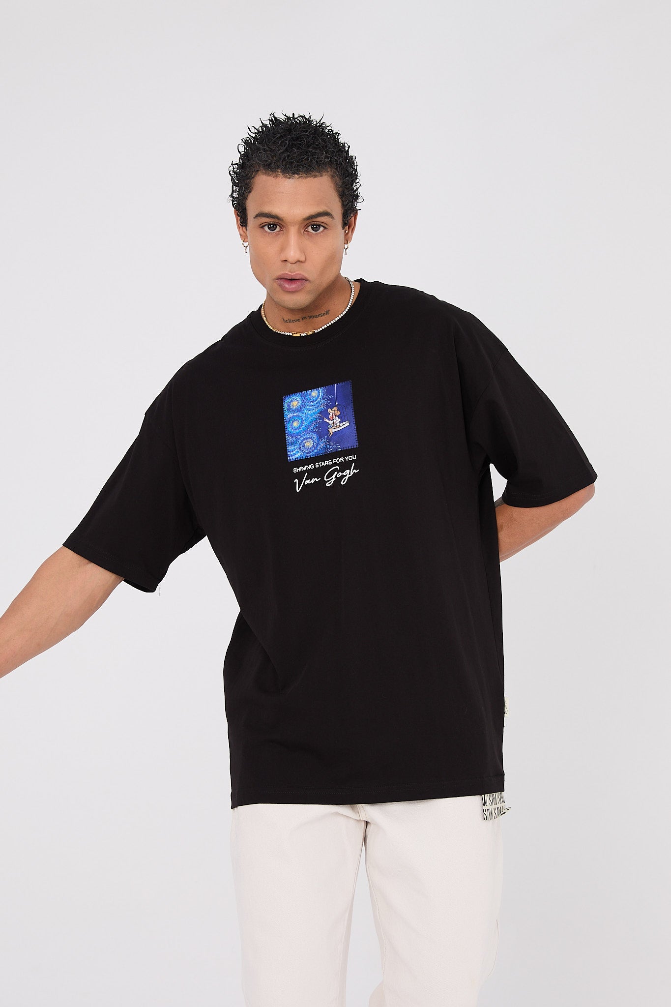 Vincent Van Gogh Stars Oversize T-Shirt - Siyah