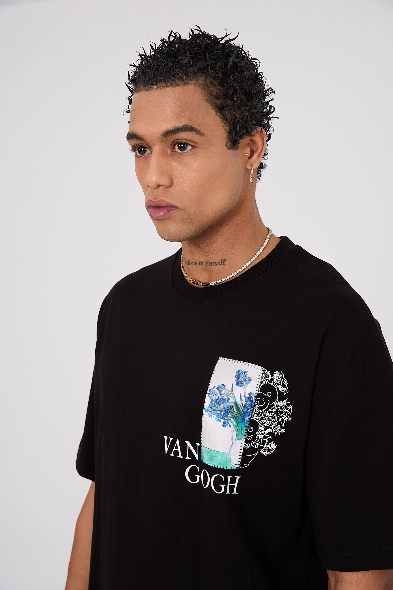 Vincent Van Gogh Flowers Oversize T-Shirt - Siyah