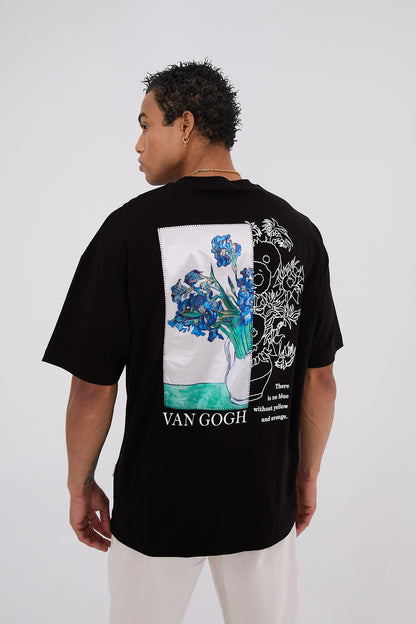 Vincent Van Gogh Flowers Oversize T-Shirt - Siyah