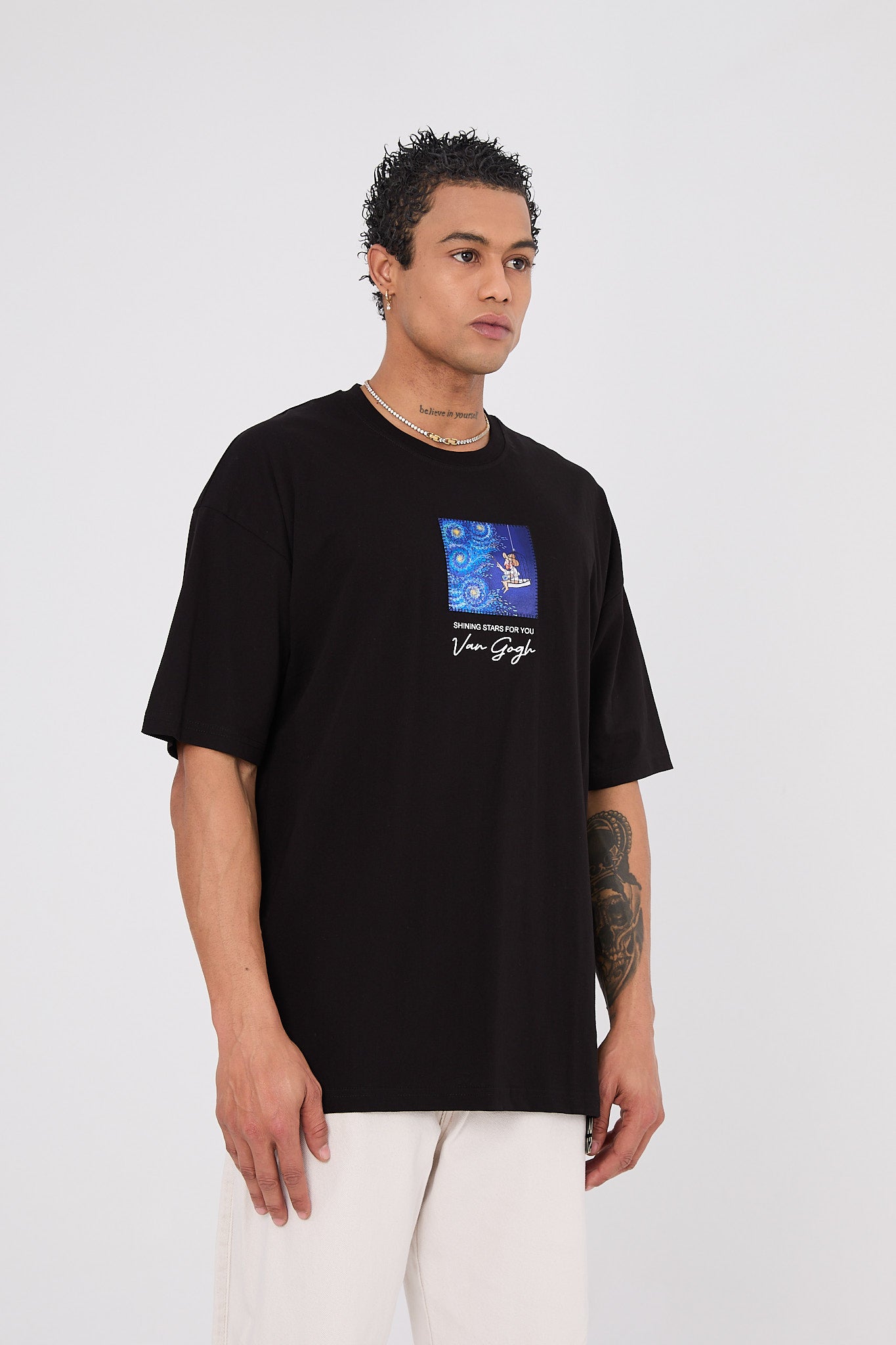 Vincent Van Gogh Stars Oversize T-Shirt - Siyah