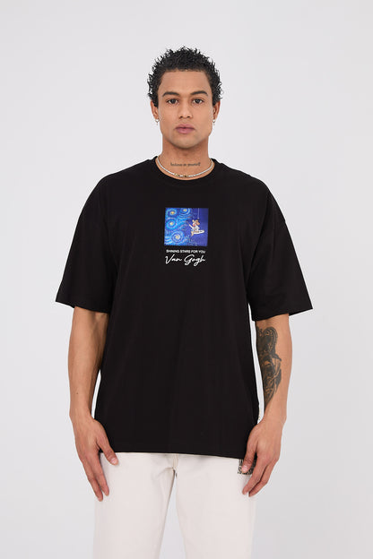 Vincent Van Gogh Stars Oversize T-Shirt - Siyah