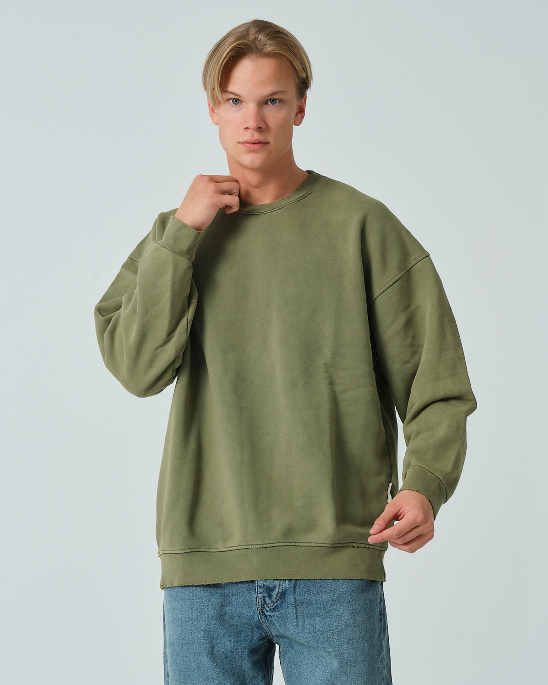 Eskitme Basic Sıfır Yaka Sweatshirt - Haki