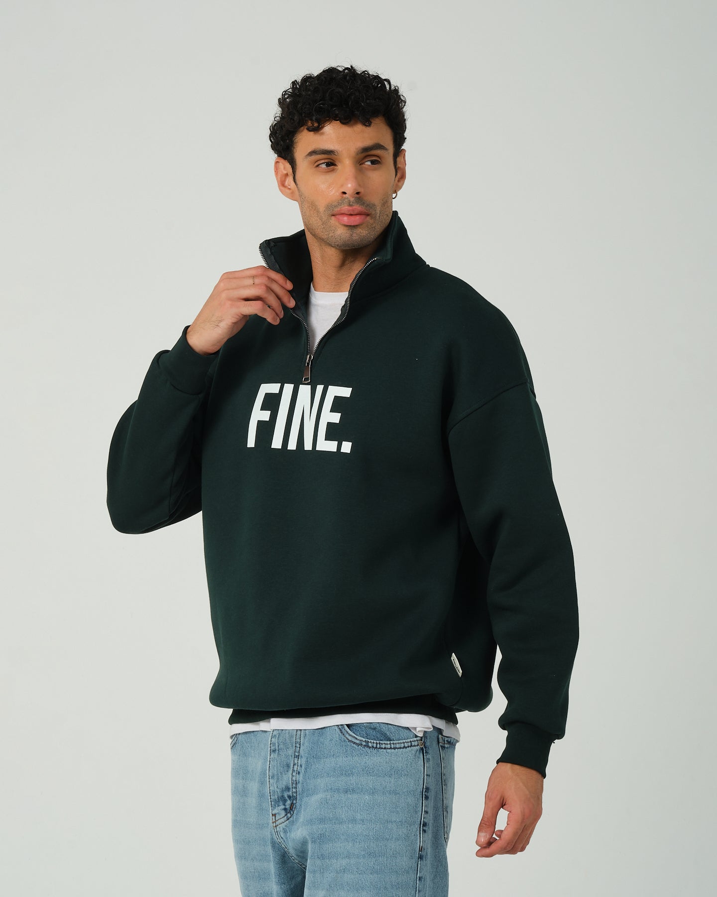 Fine Yarım Fermuarlı Sweatshirt - Koyu Yeşil