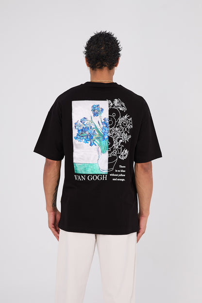 Vincent Van Gogh Flowers Oversize T-Shirt - Siyah