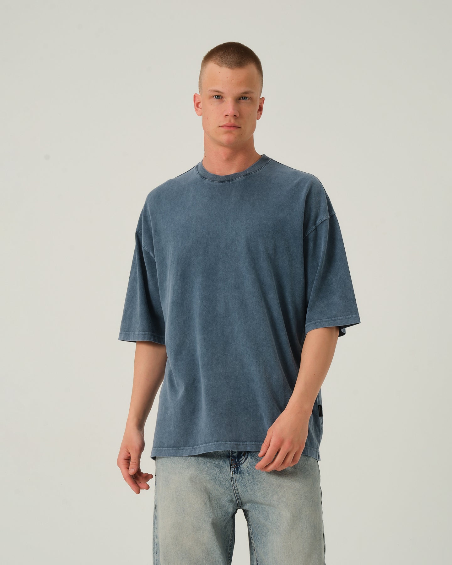 Basic Yıkamalı T-Shirt - Mavi