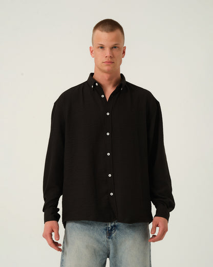 Oversize Dökümlü Uzun Kollu Gömlek - Siyah