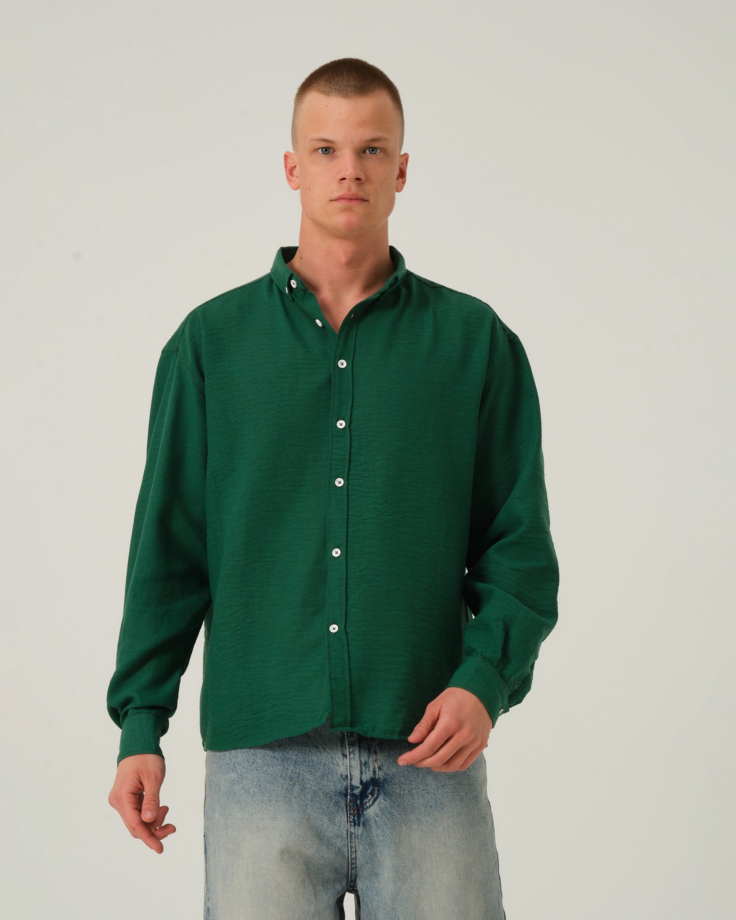 Oversize Dökümlü Uzun Kollu Gömlek - Yeşil