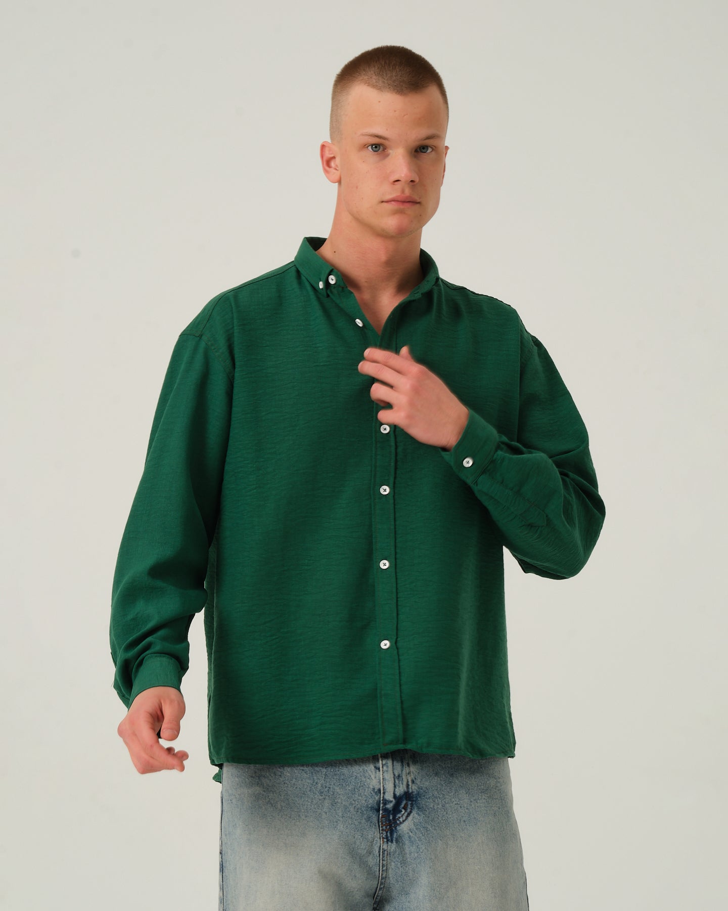 Oversize Dökümlü Uzun Kollu Gömlek - Yeşil